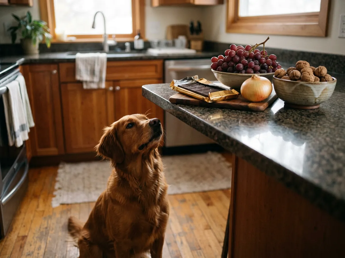 Chien assis au sol regardant du chocolat, du raisin, un oignon et des noix posés sur un plan de travail