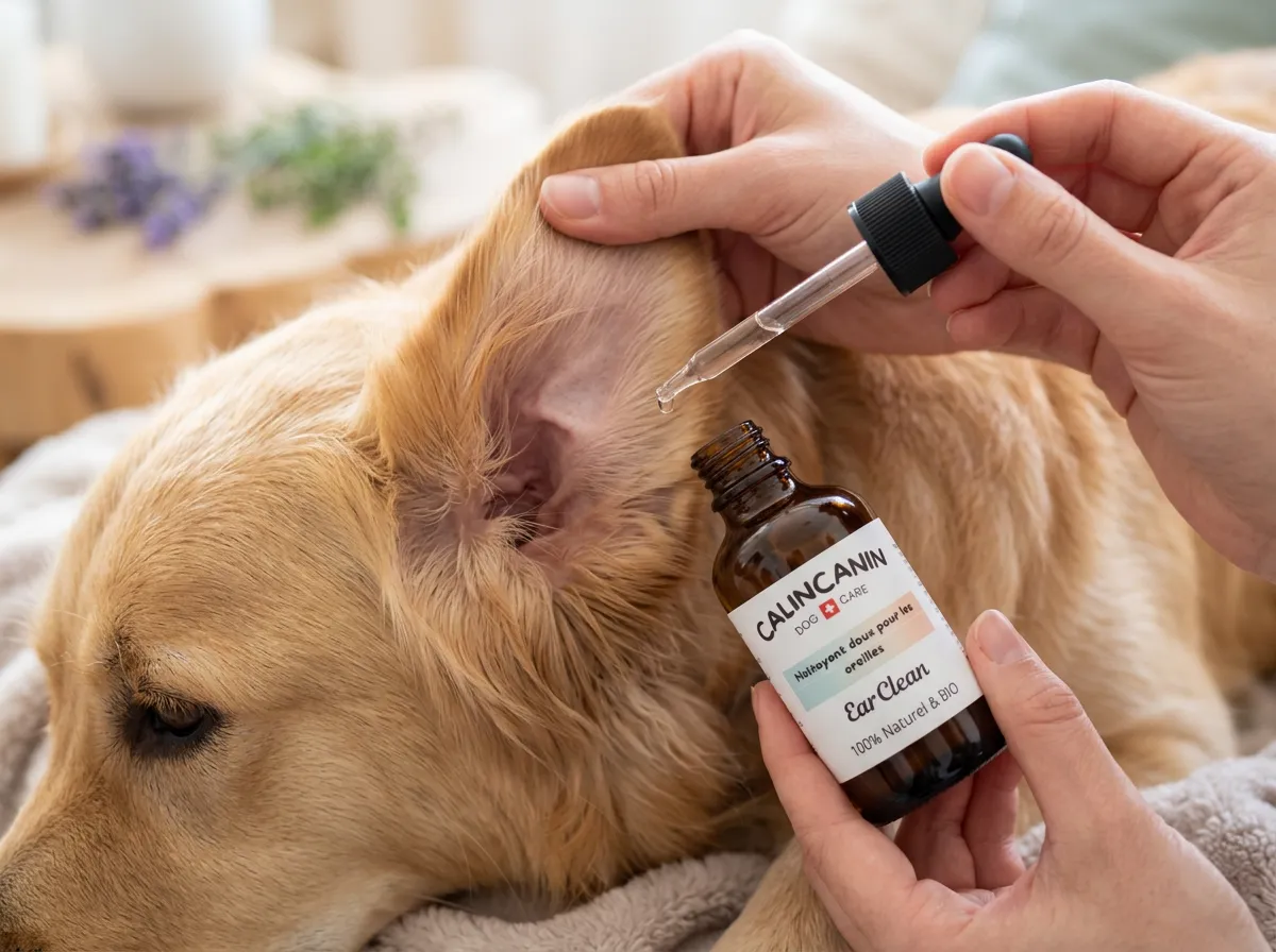 Application de quelques gouttes de lotion auriculaire naturelle dans l'oreille d'un chien calme