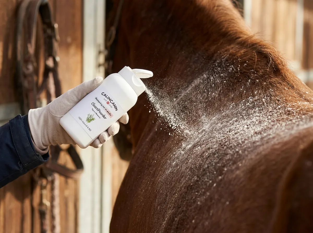 Application de shampoing sec en poudre CalinCanin sur la robe d'un cheval