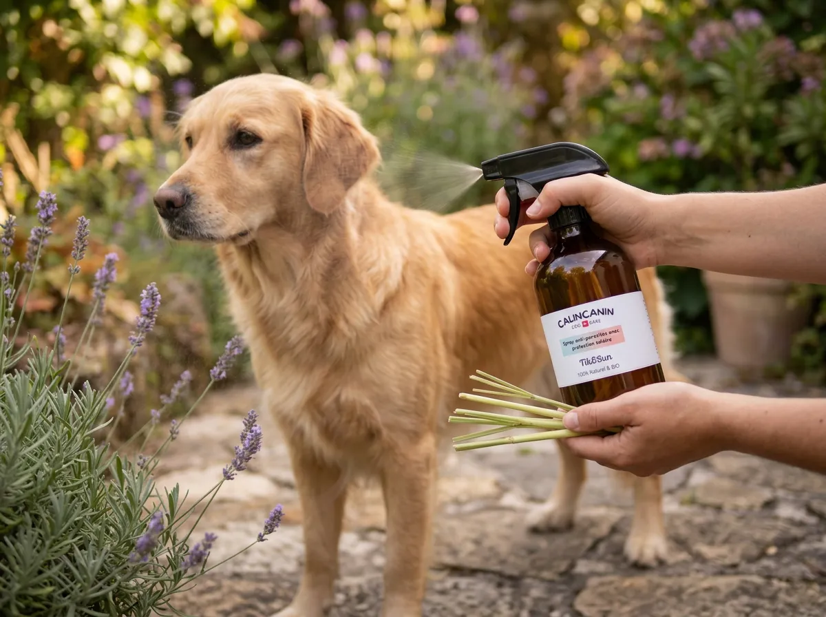 Application d'un spray anti-parasites naturel Tik&Sun sur le pelage d'un chien en extérieur