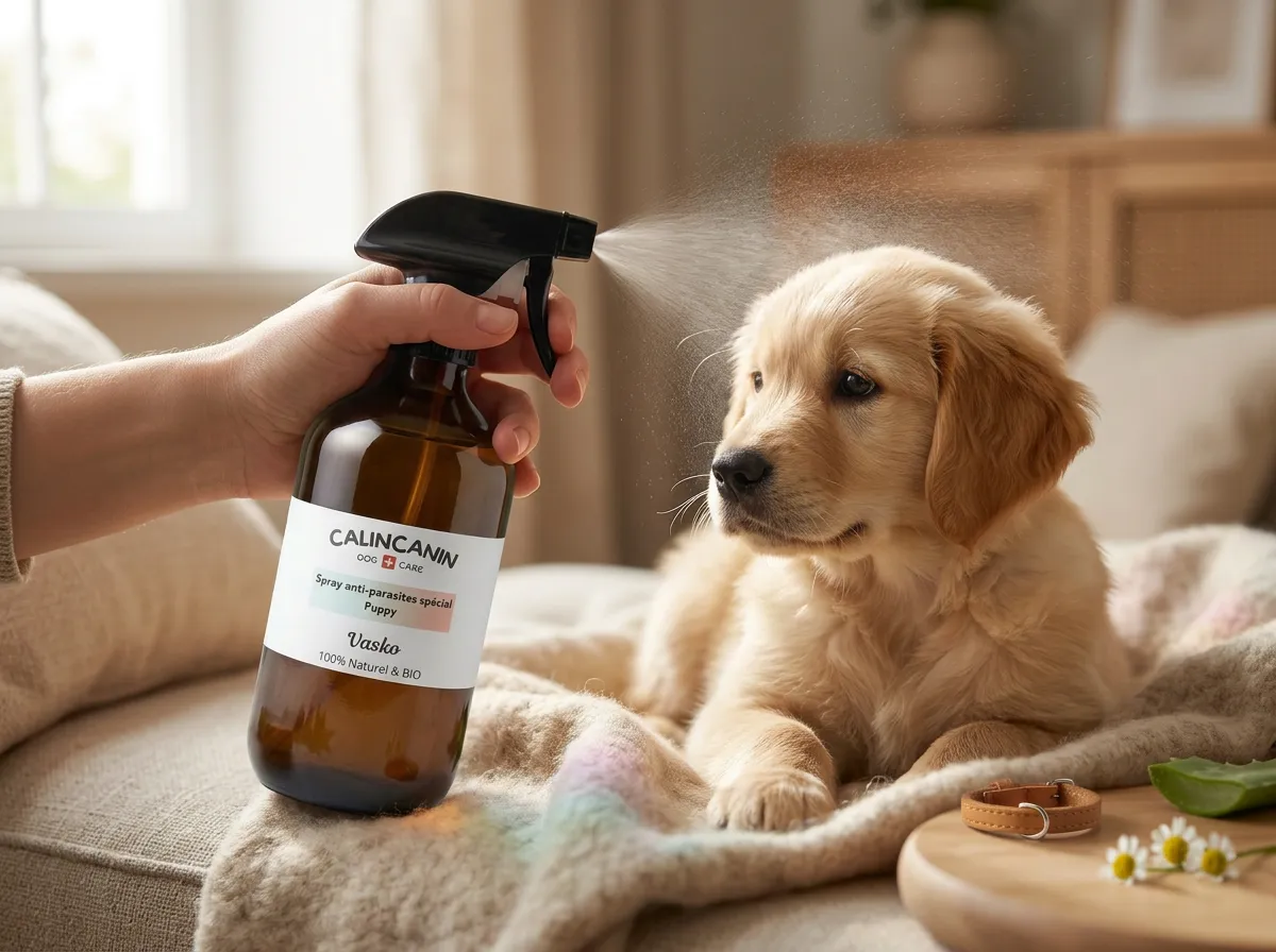 Chiot recevant une application de spray antiparasitaire naturel Vasko sur son pelage