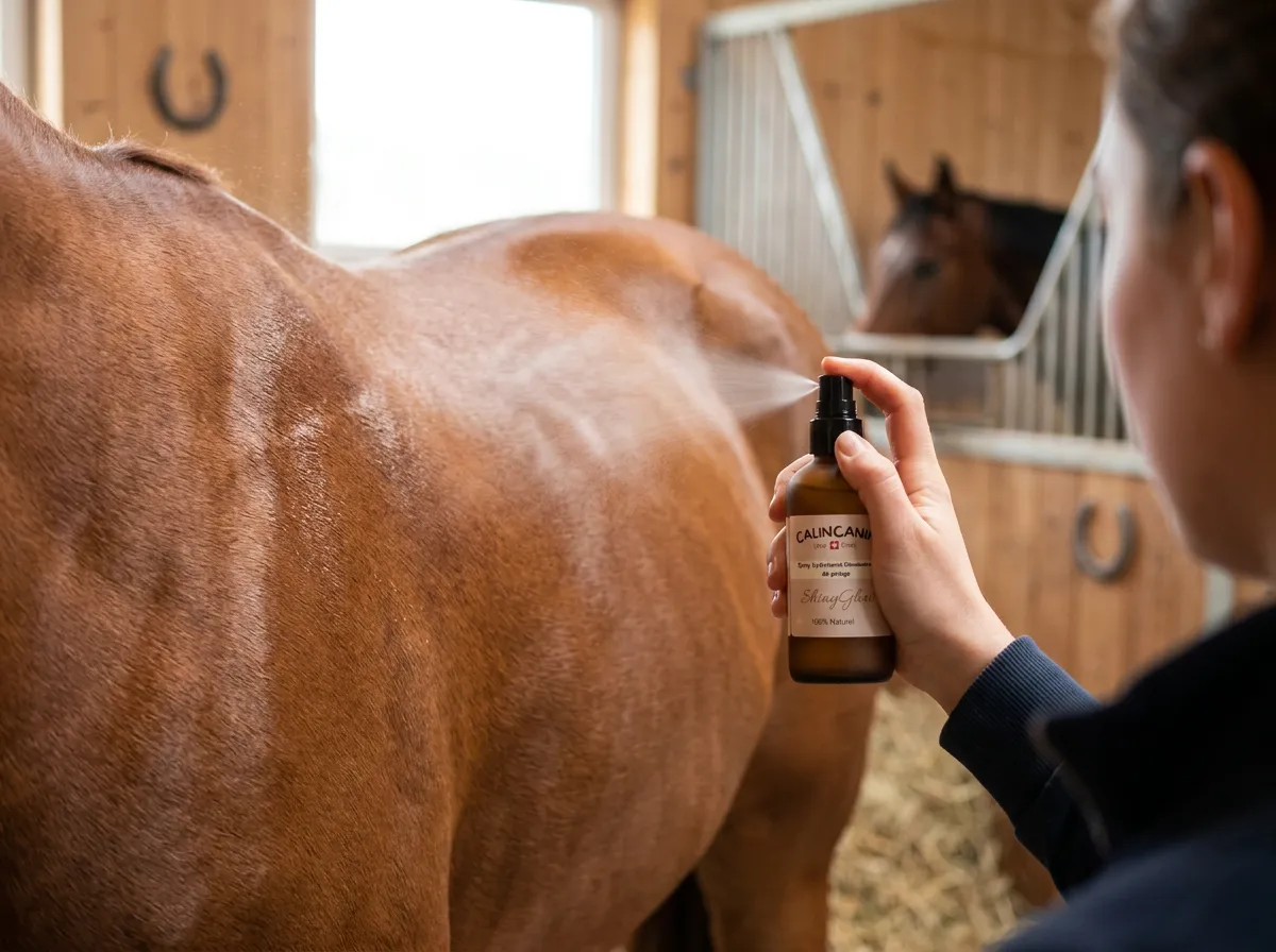 Application d'un spray hydratant brillance sur la robe brillante d'un cheval alezan