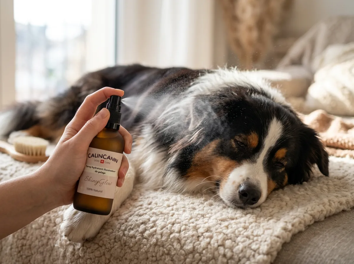 Application du spray démêlant ShinyGlow sur le pelage d'un chien avant le brossage