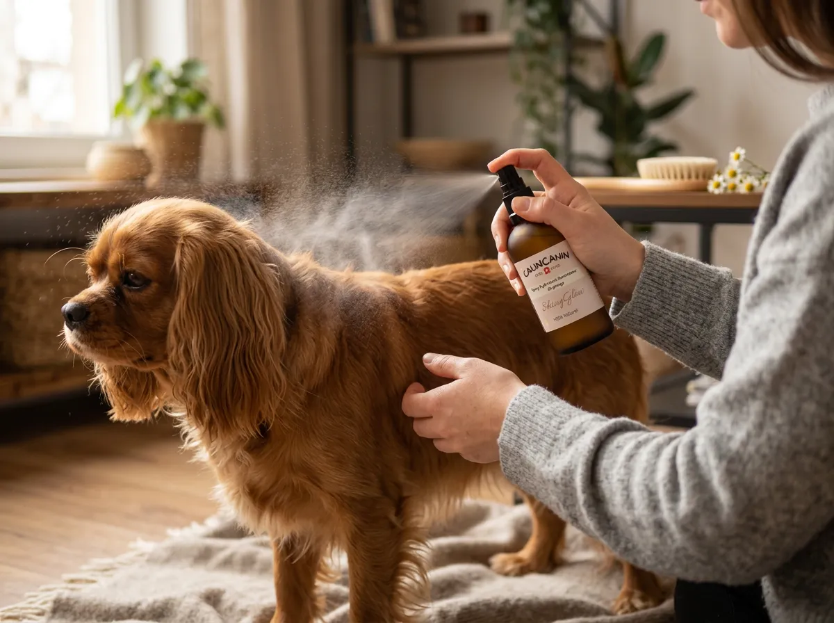 Application du spray hydratant ShinyGlow sur le pelage brillant d'un chien