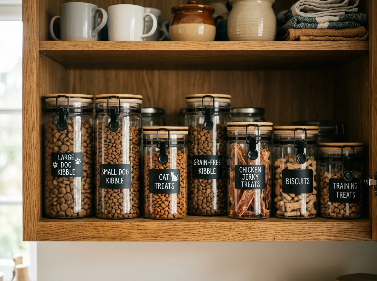 Placard de cuisine rangé avec des bocaux hermétiques transparents remplis de croquettes et friandises