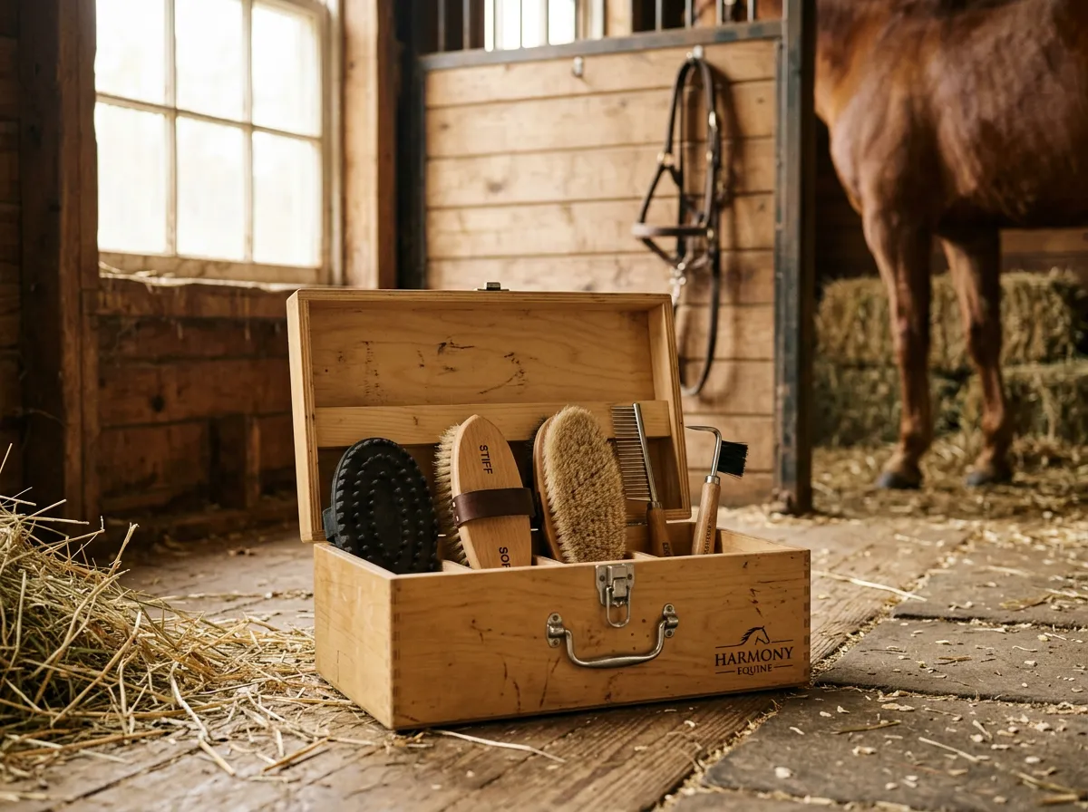 Boîte de pansage pour cheval bien organisée avec ses brosses et son cure-pied