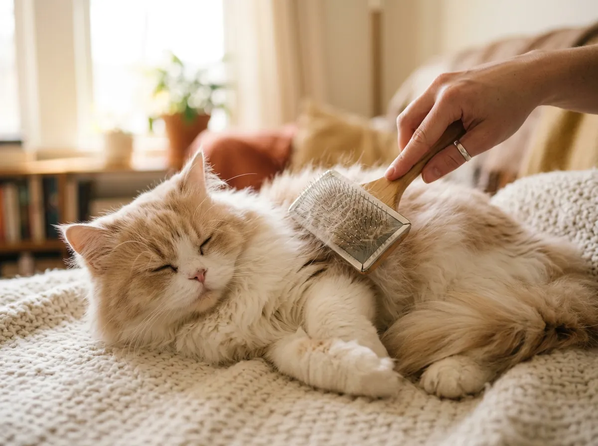 Chat persan à poils longs brossé doucement, poils morts visibles sur la brosse