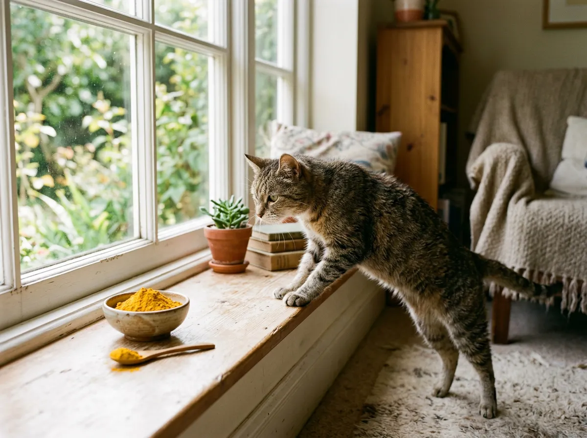Chat âgé sautant avec précaution sur un rebord de fenêtre près d'un bol de curcuma