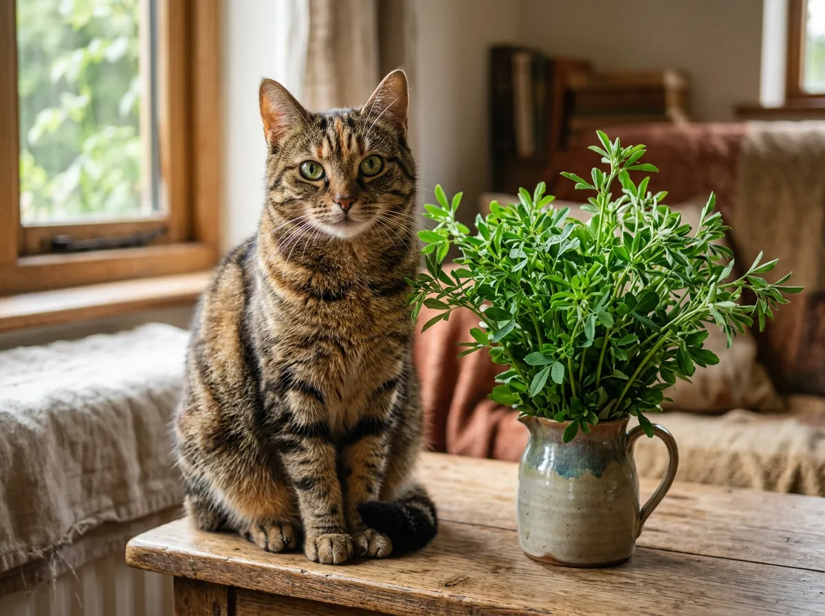 Chat vif et alerte assis près d'un bouquet de luzerne verte fraîche