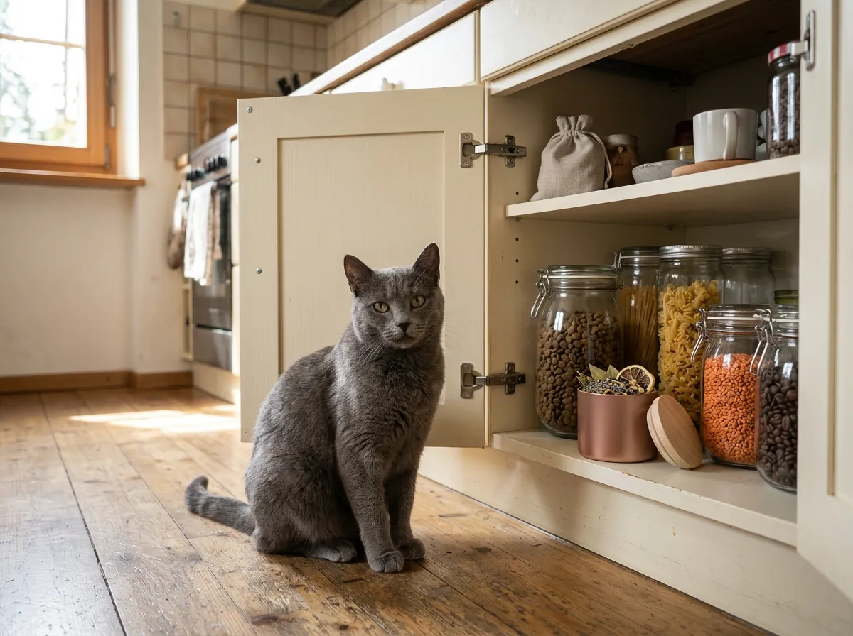 Chat gris assis devant un placard de cuisine ouvert, petit pot de plantes séchées ouvert sur l'étagère