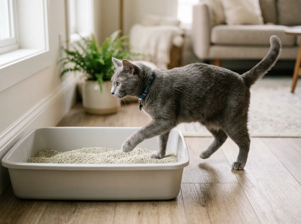 Chat gris entrant dans une litière ouverte propre dans un intérieur calme et lumineux