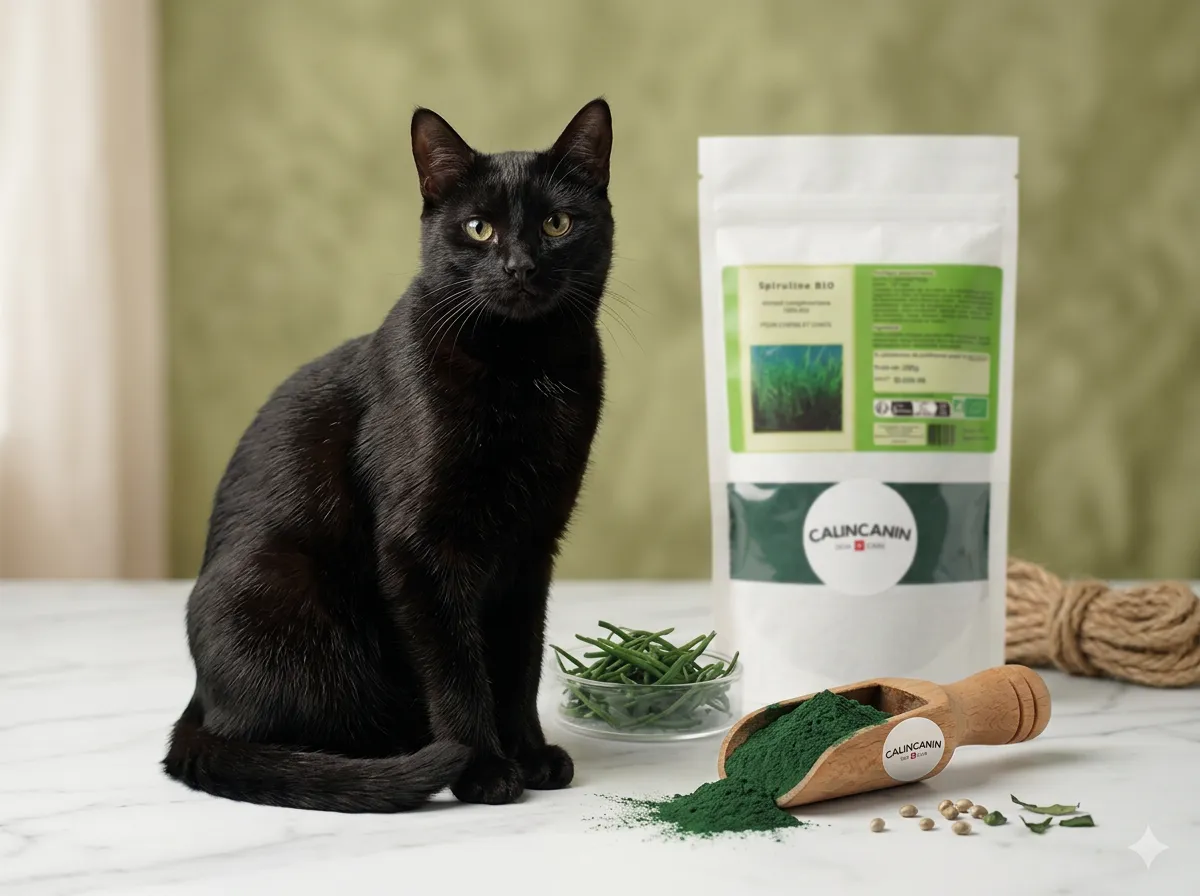 Chat au pelage brillant assis près d'une cuillère de poudre de spiruline verte sur du marbre