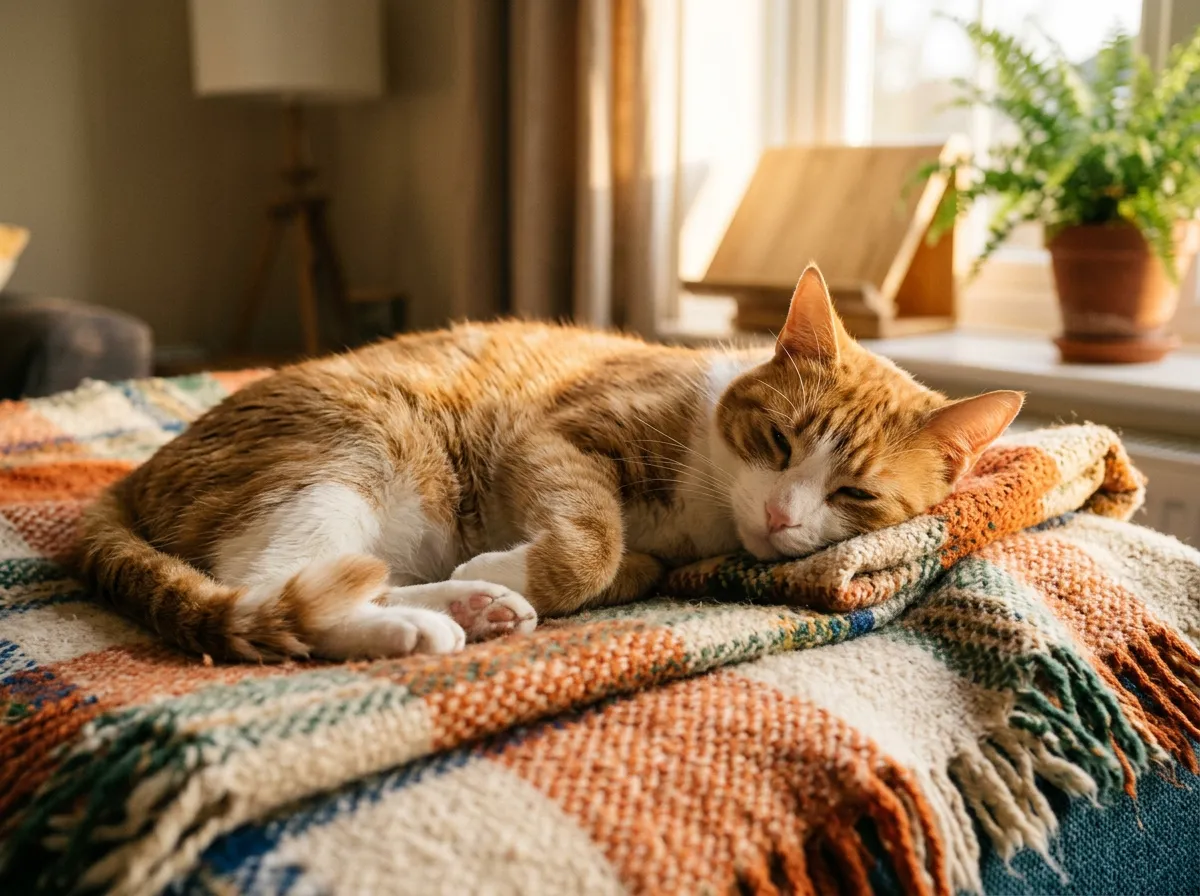 Chat roux et blanc détendu au repos sur un plaid dans une lumière douce de fin de journée