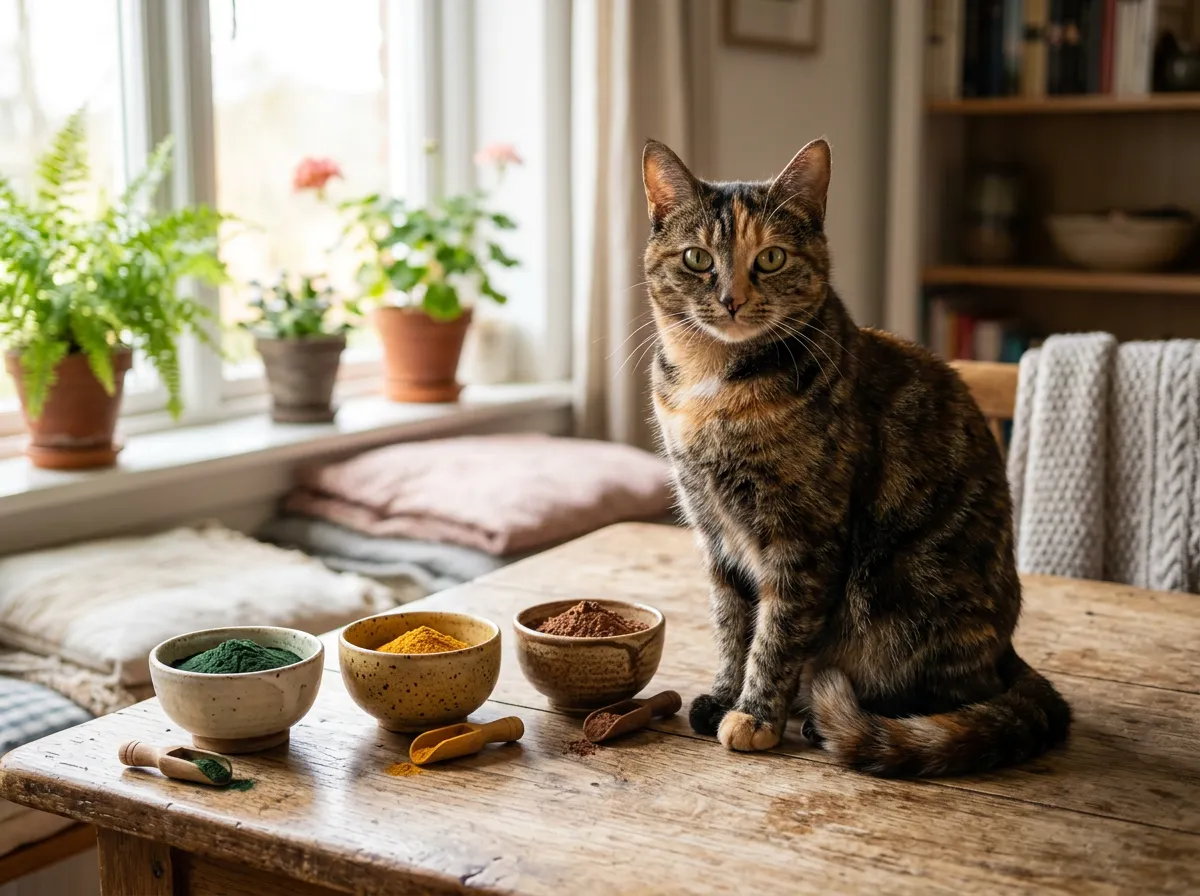 Chat au pelage brillant assis près de bols de poudres végétales naturelles