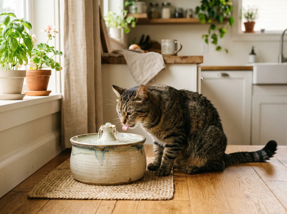 Chat tigré buvant à une fontaine à eau en céramique dans une cuisine lumineuse