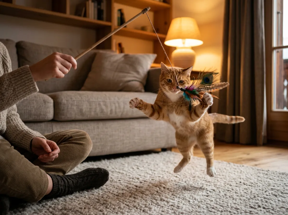 Chatte bondissant vers une canne à plumes tenue par une personne assise sur un tapis le soir