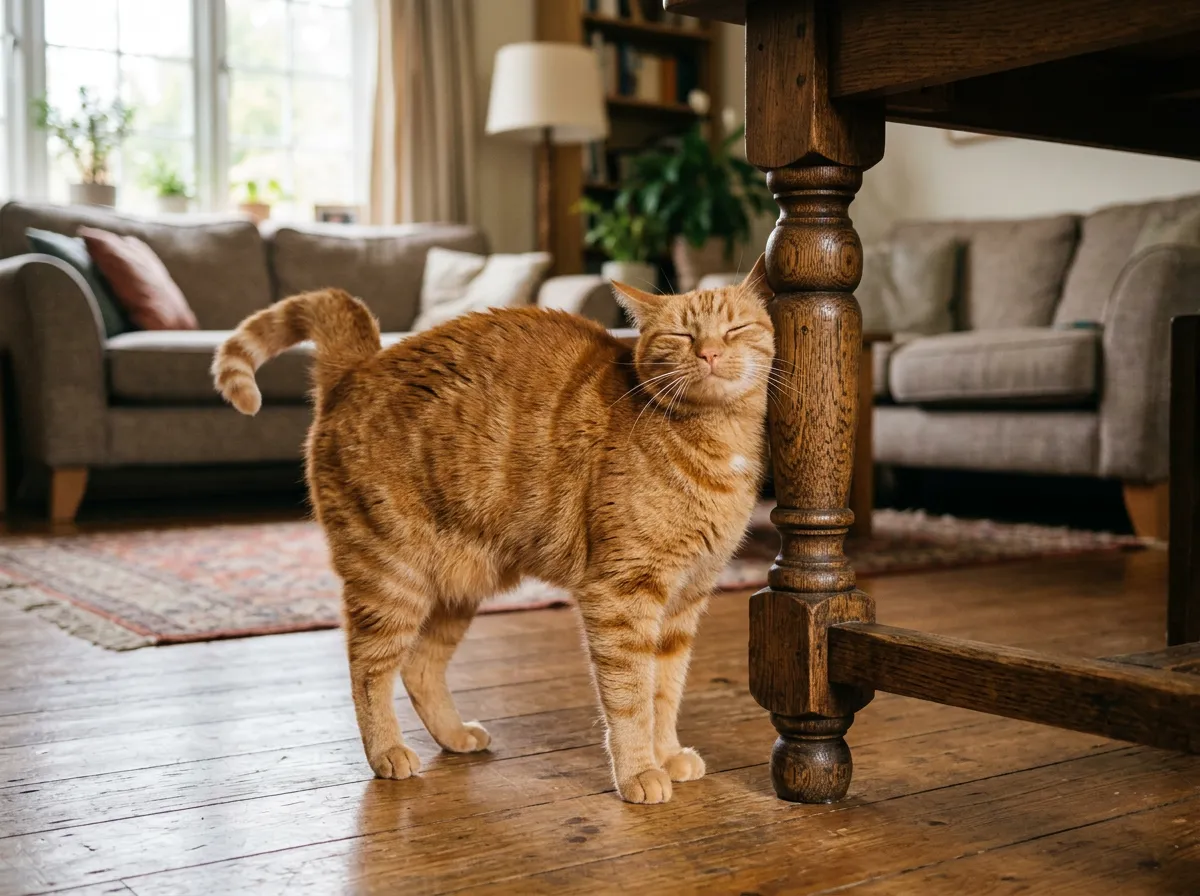 Chatte européenne rousse se frottant affectueusement contre un pied de table en bois dans un salon