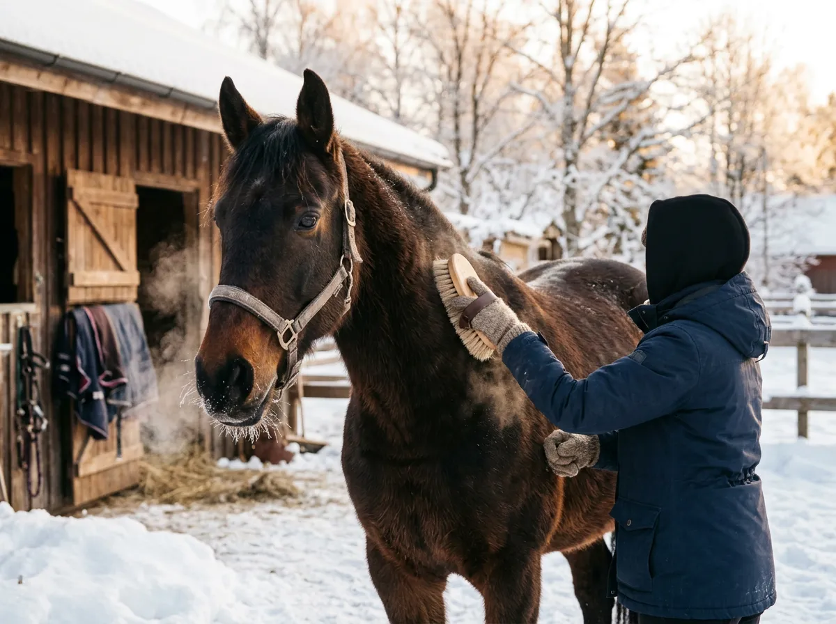 Cheval brossé à sec en hiver, nettoyage sans eau par temps froid