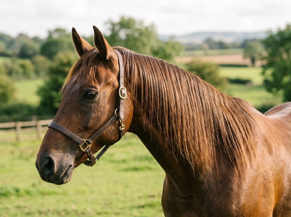 Cheval à la crinière soignée et parfaitement démêlée sous une lumière naturelle