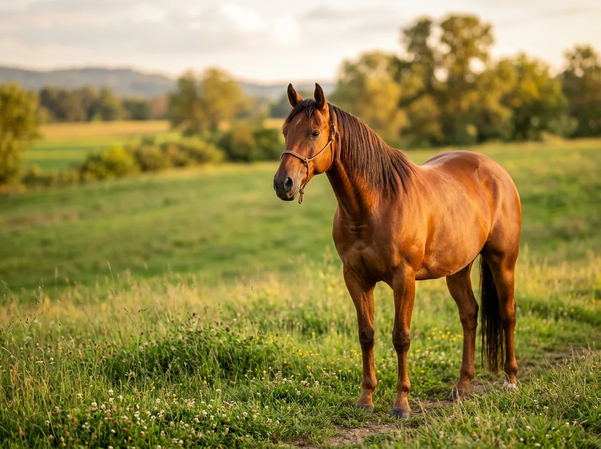 Cheval à la robe lustrée et brillante debout dans un pré ensoleillé en extérieur