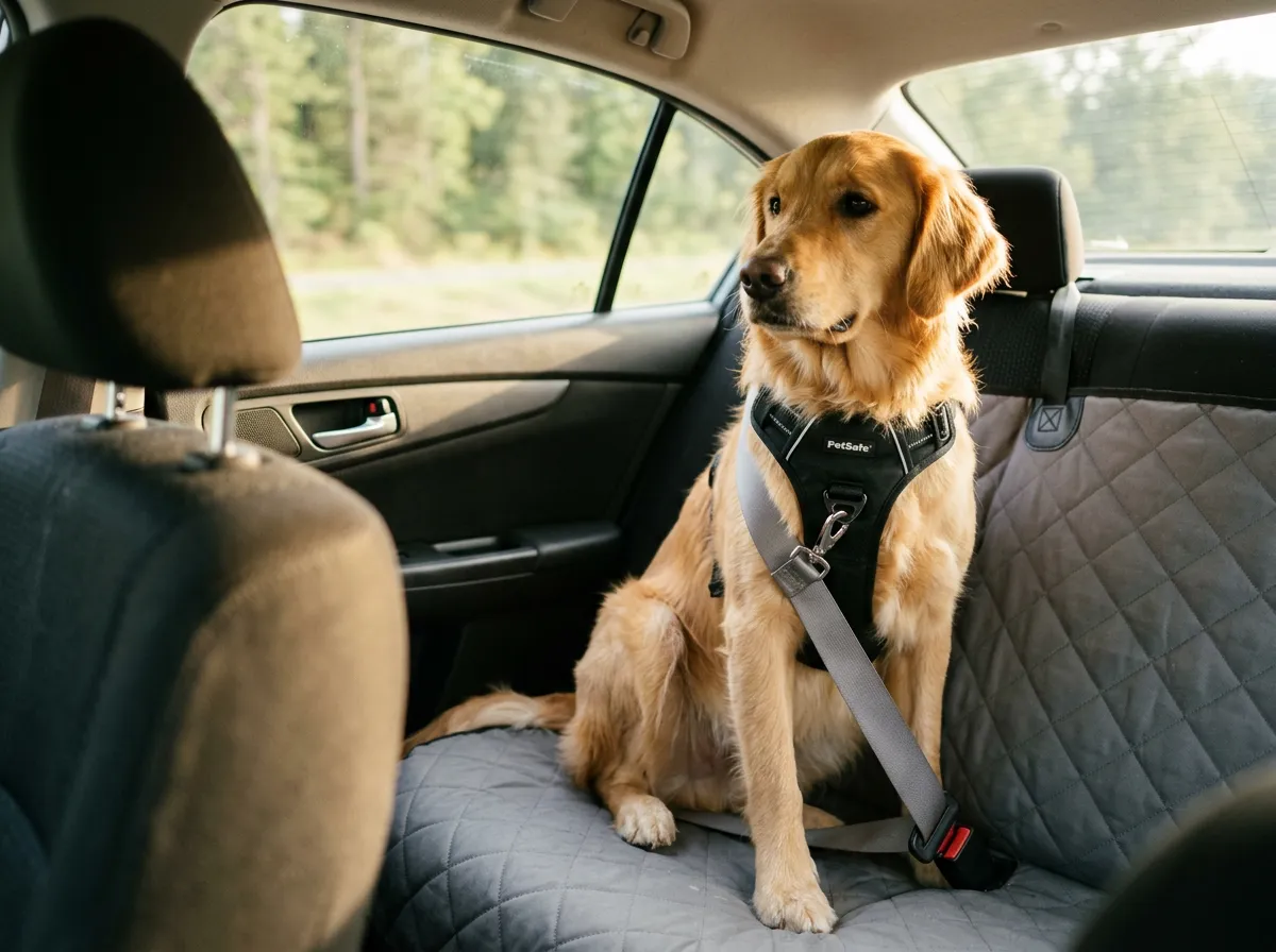 Entspannter Hund mit Sicherheitsgeschirr und Gurt auf der Rückbank eines Autos
