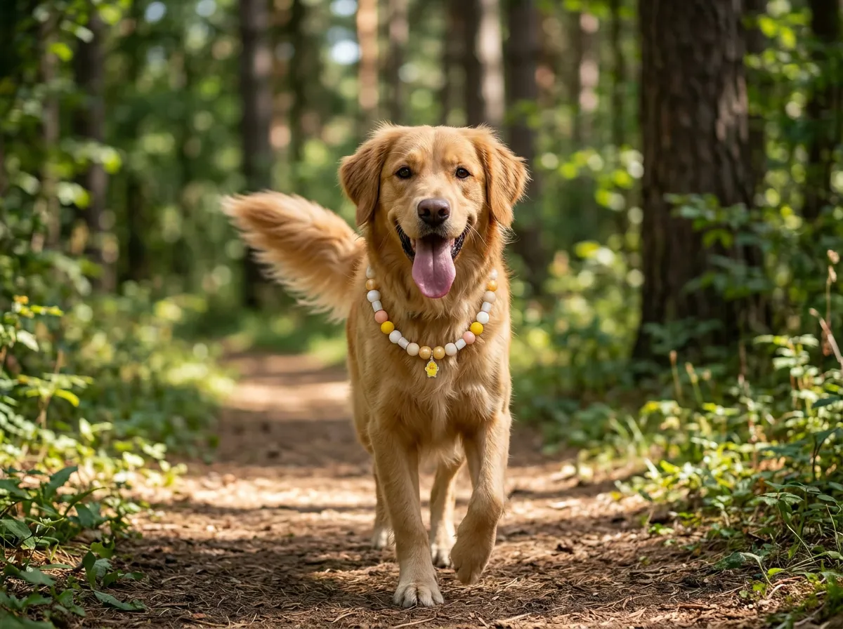 Chien en balade en forêt portant un collier anti-parasites naturel en perles de céramique