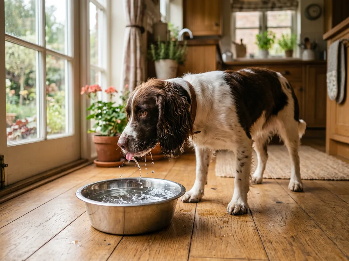 Chien buvant de l'eau fraîche dans sa gamelle en inox sur un sol en bois