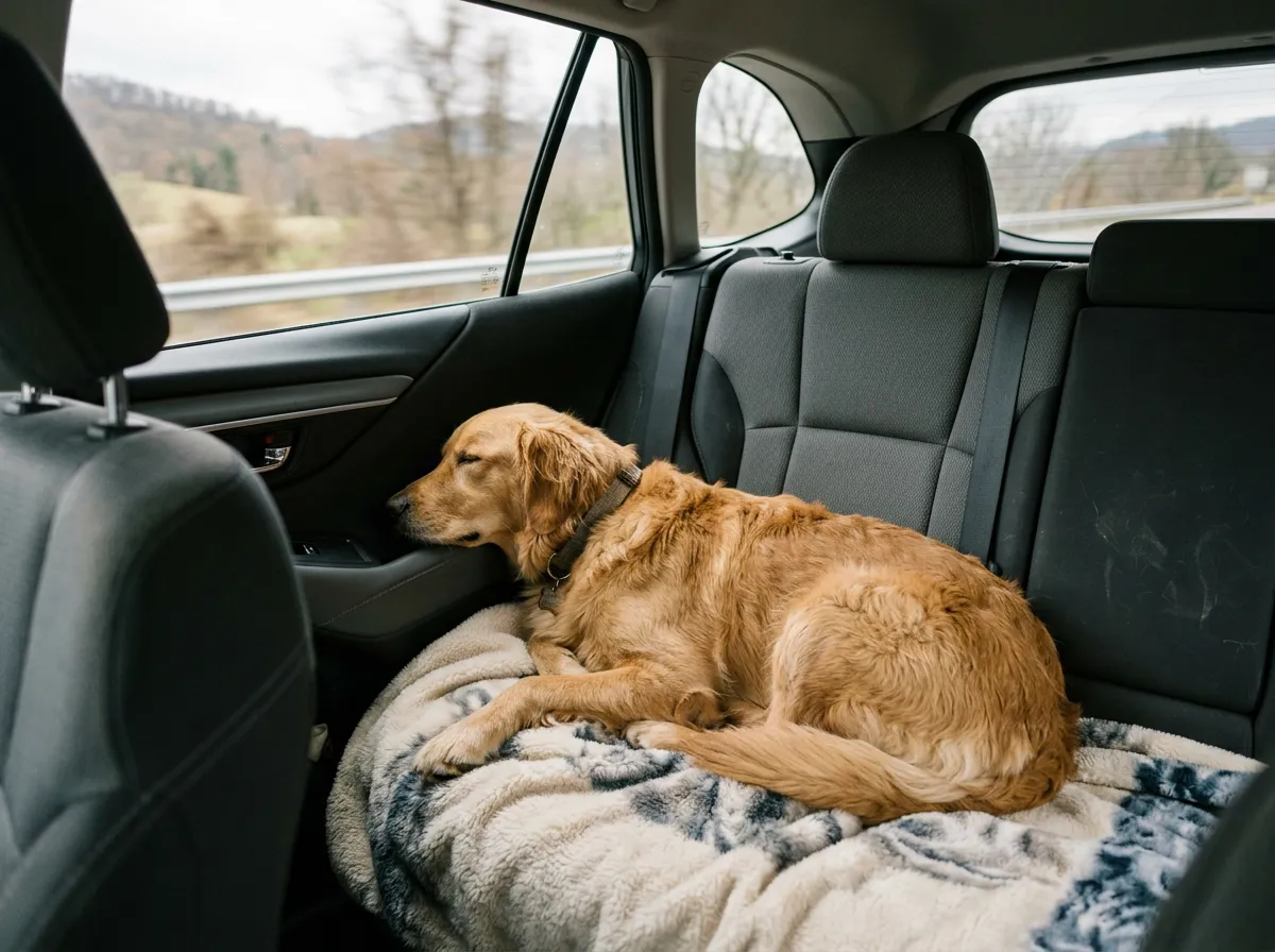 Hund liegt ruhig auf einer Decke auf dem Rücksitz eines Autos während einer entspannten Fahrt