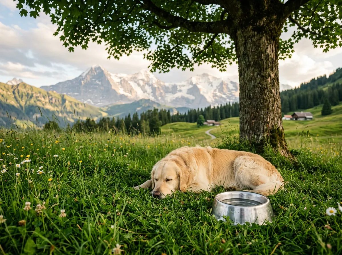 Hund liegt im Schatten eines Baumes neben einem Wassernapf auf einer Schweizer Wiese im Sommer