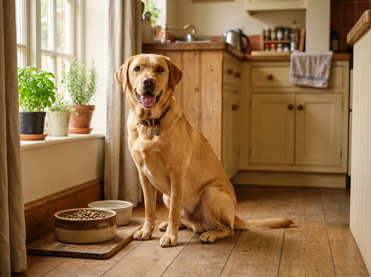 Chien en pleine forme assis à côté de sa gamelle dans une cuisine chaleureuse