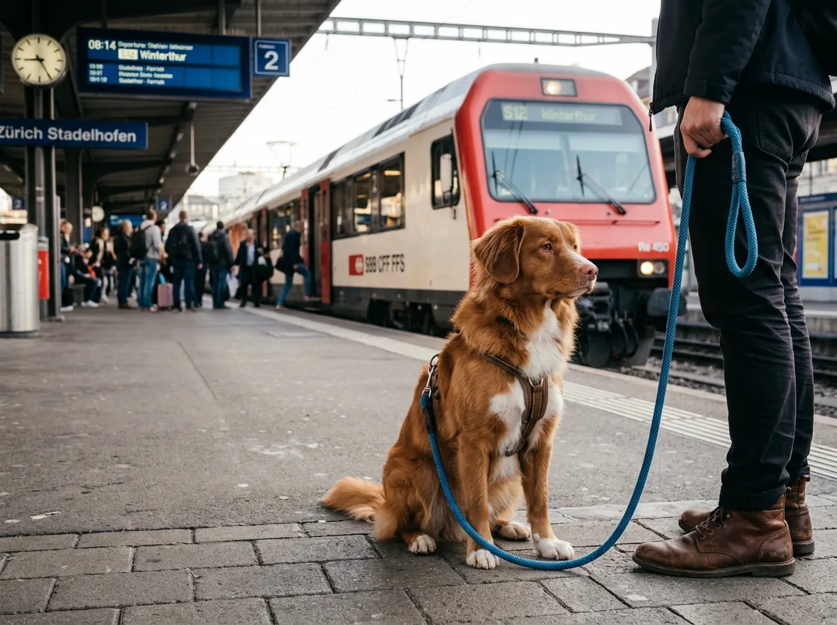 Hund an der Leine sitzt brav am Bahnsteig eines Schweizer Bahnhofs neben seinem Halter, rot-weisser Zug im Hintergrund