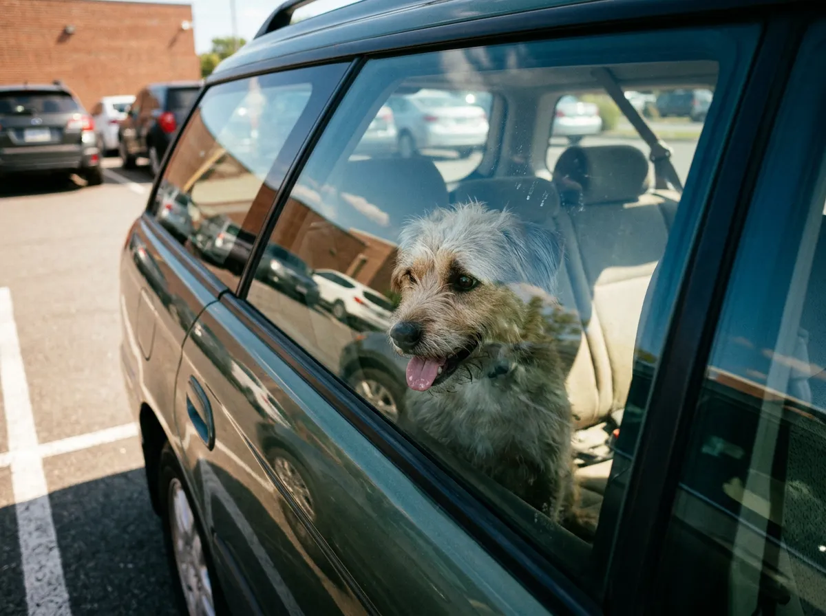 Besorgt wirkender Hund, eingesperrt in einem in der Sonne geparkten Auto auf einem Parkplatz