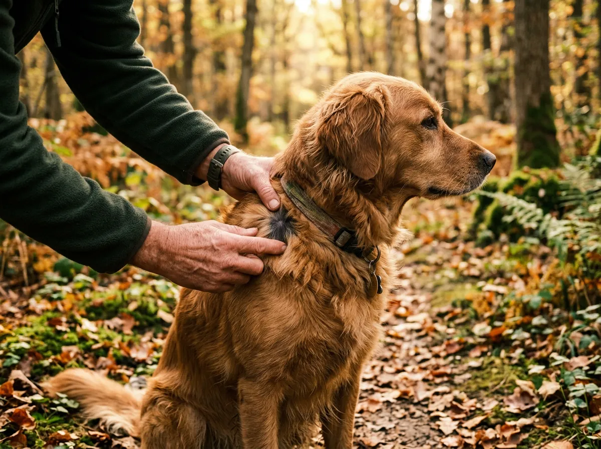Chien inspecté dans son pelage après une balade en forêt pour détecter les tiques