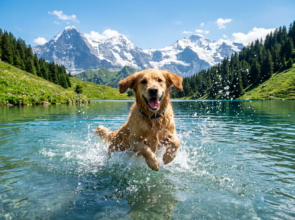 Fröhlicher Hund badet und spritzt Wasser in einem Schweizer Bergsee im Sommer