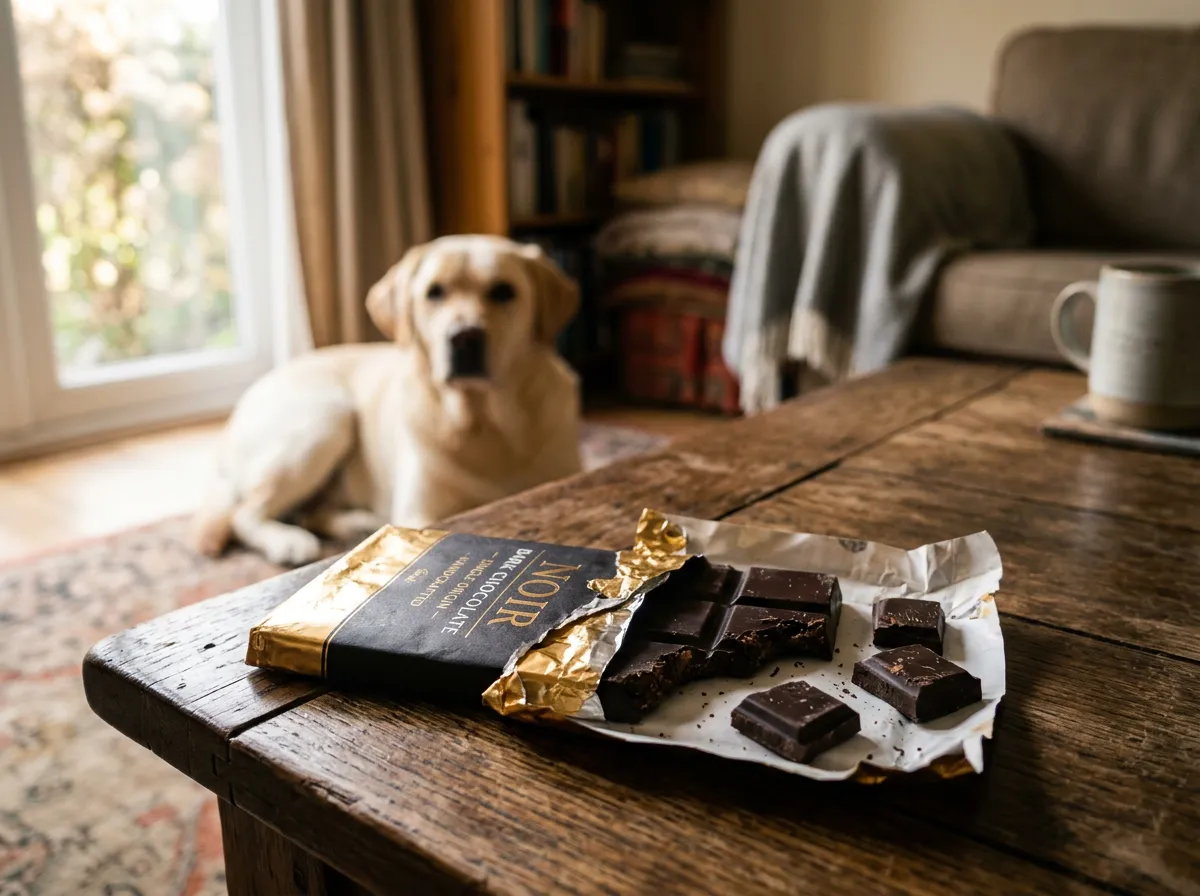 Tablette de chocolat noir entamée sur une table basse avec un labrador flou en arrière-plan