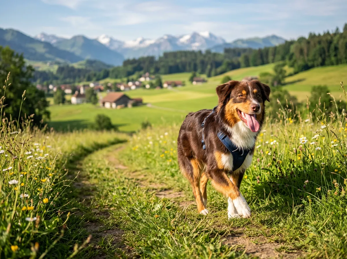 Chien au pelage brillant courant plein d'énergie sur un sentier verdoyant au soleil