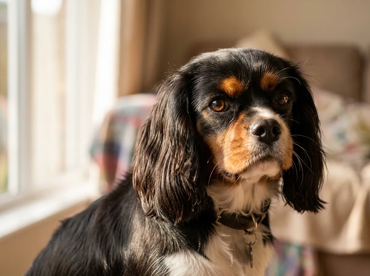 Chien au pelage brillant et soyeux après un soin, sous une douce lumière naturelle