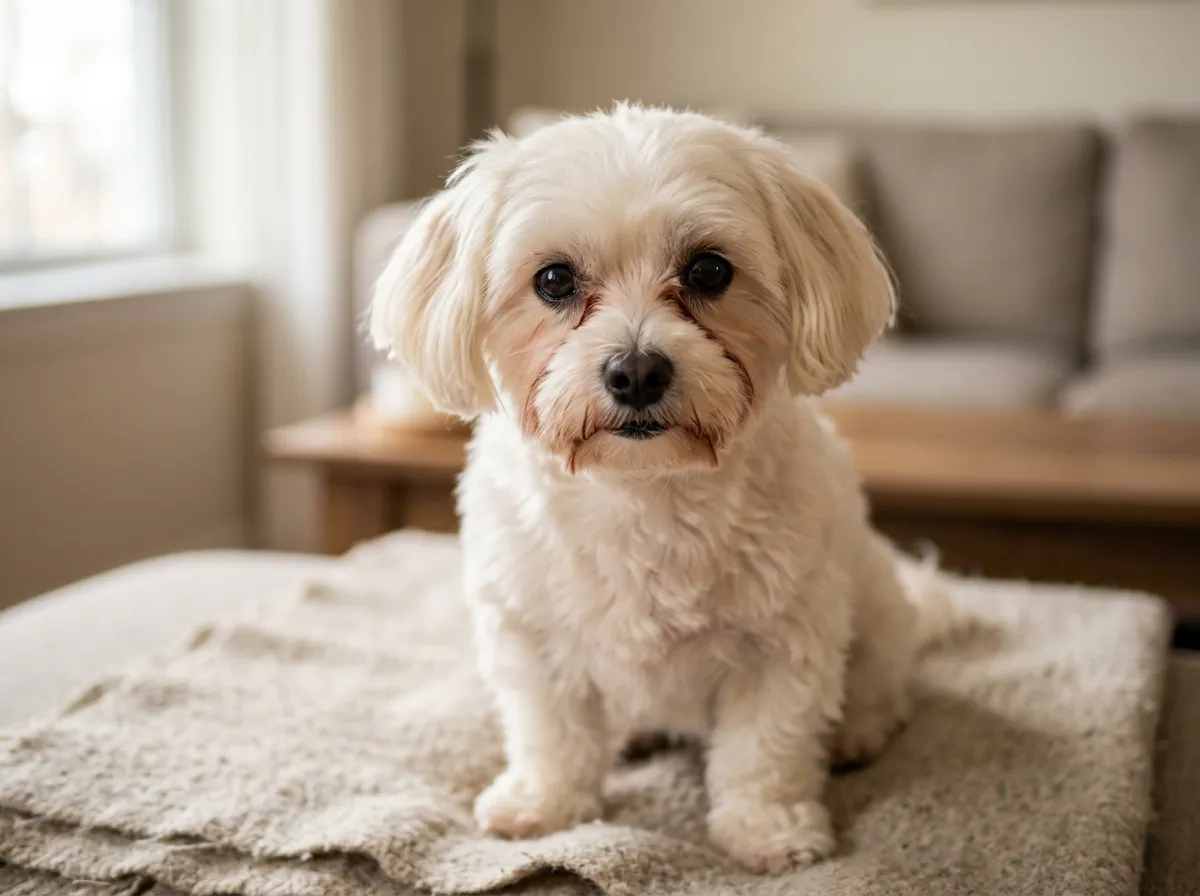 Petit chien à poil clair avec des taches lacrymales rougeâtres sous les yeux