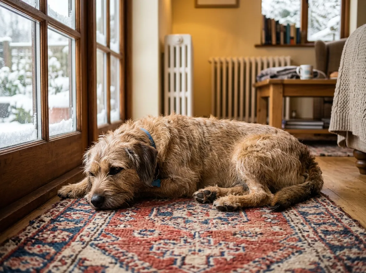 Chien au pelage sec et terne allongé dans un intérieur chauffé en hiver