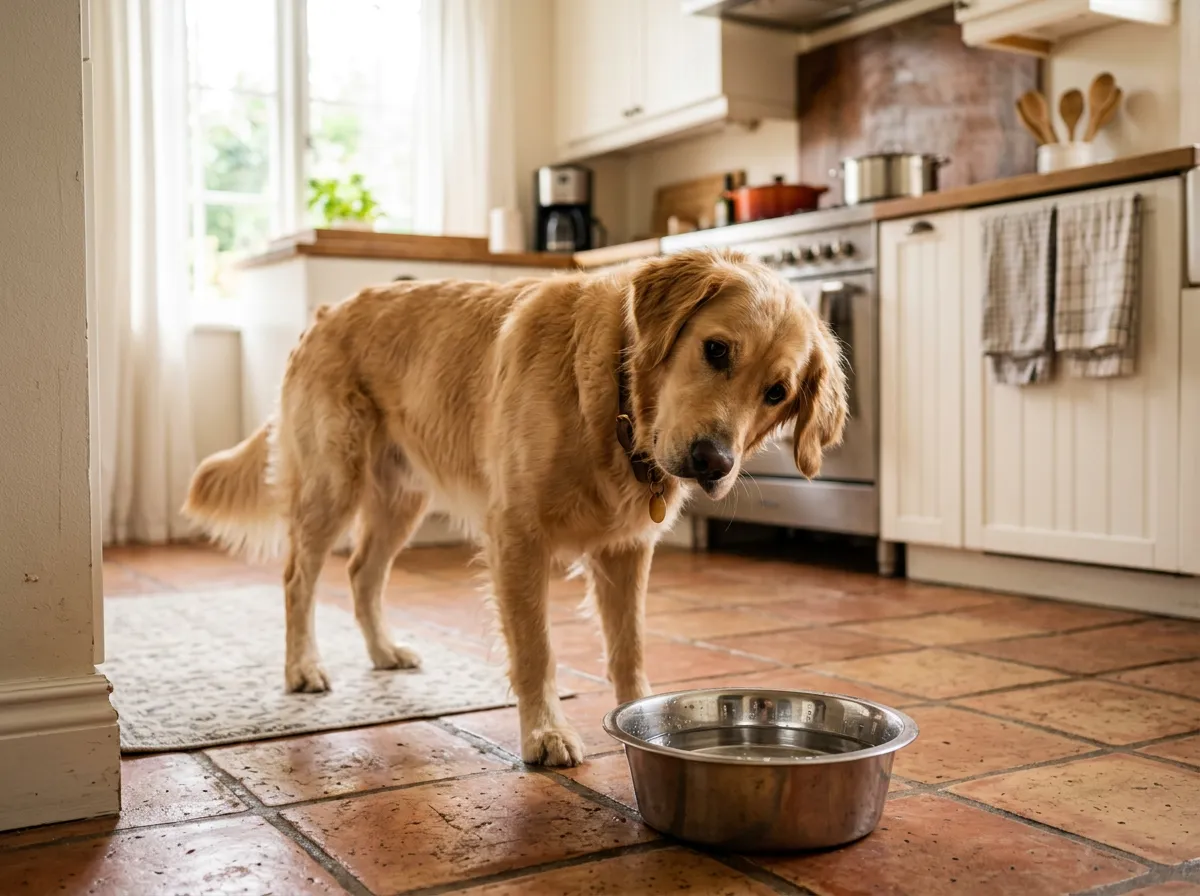 Hund mit schiefem Kopf zögert vor seinem Wassernapf in einer hellen Küche