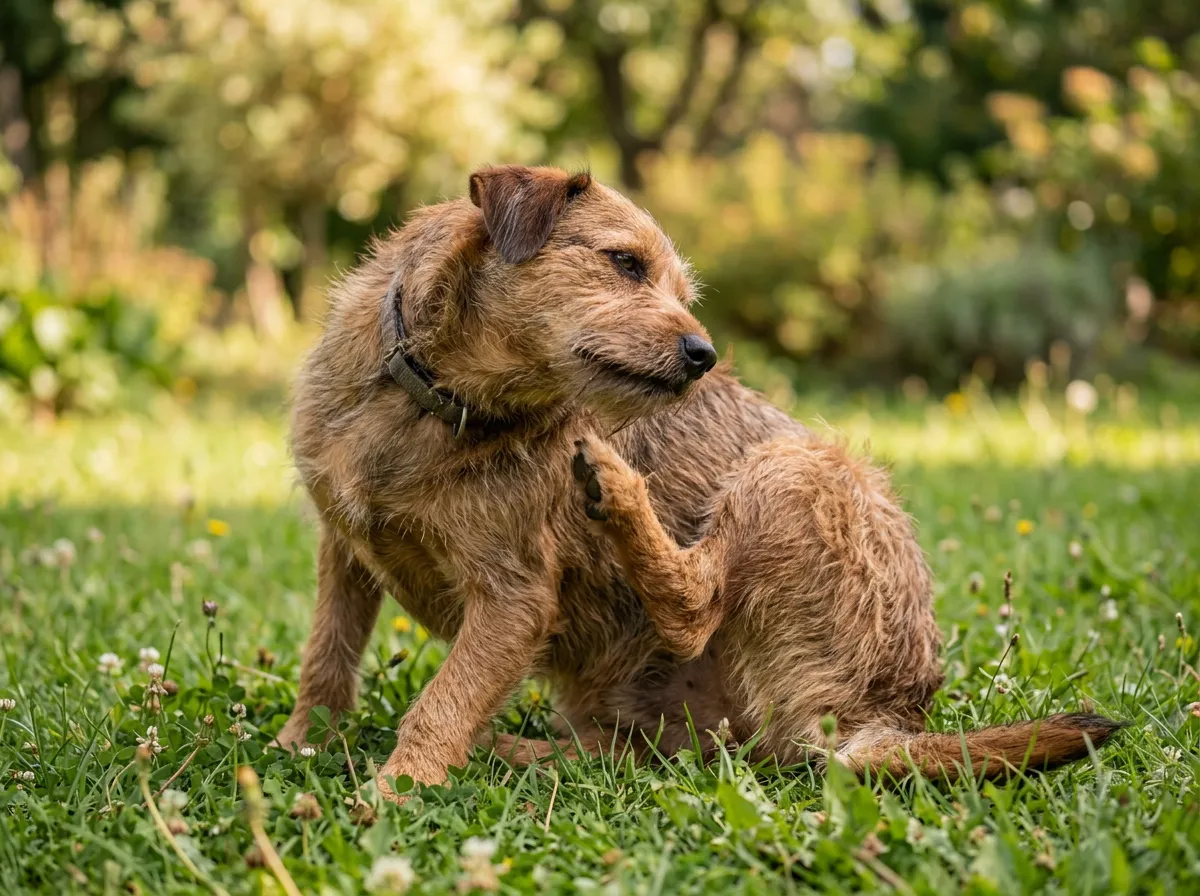 Chien assis dans l'herbe se grattant intensément le flanc avec la patte arrière