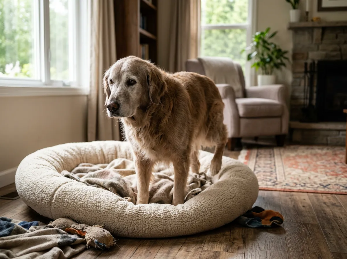 Chien senior se levant avec aisance de son panier douillet dans un salon lumineux