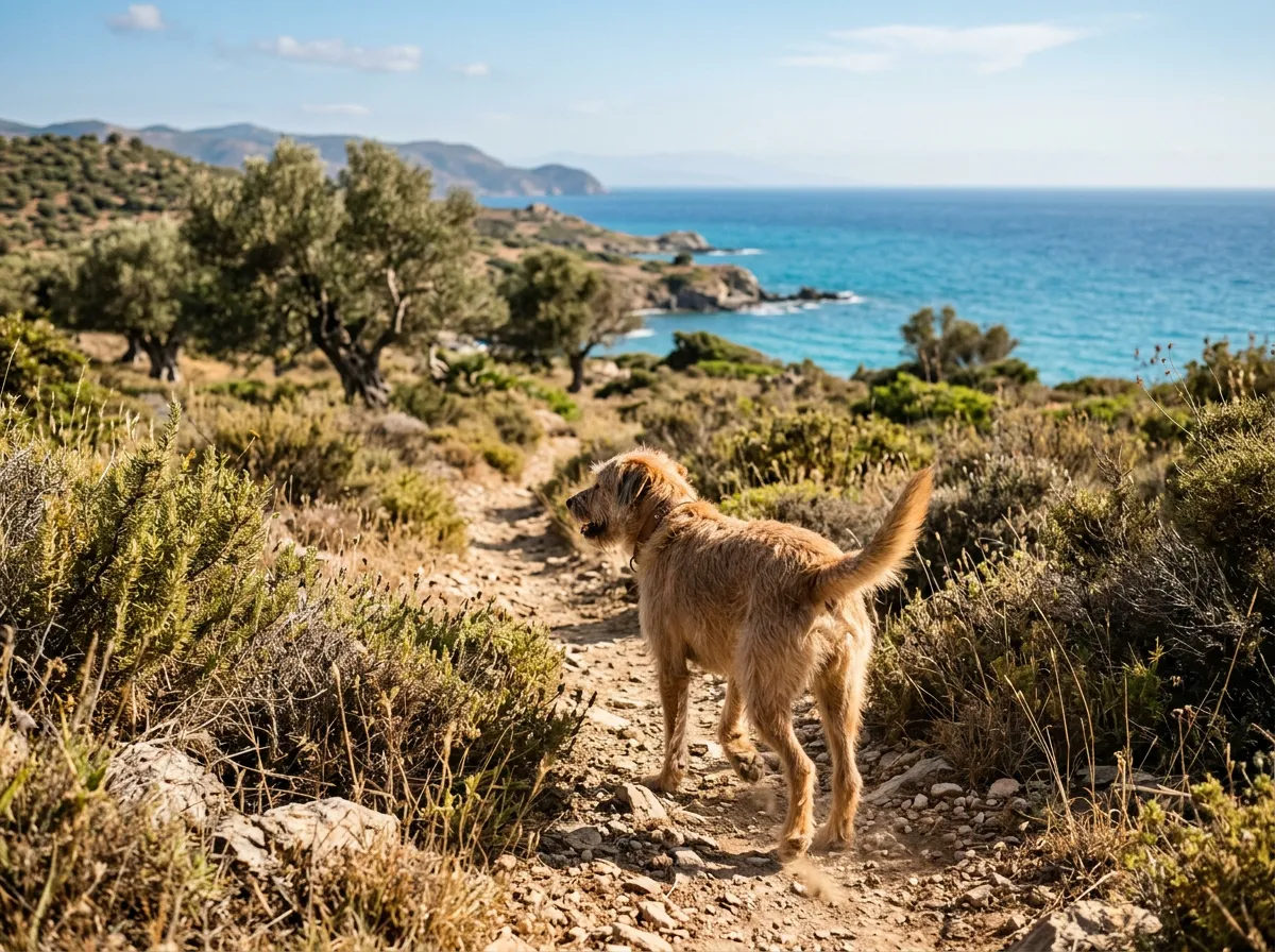 Hund auf einem mediterranen Garrigue-Pfad mit Olivenbäumen und Meer in der Ferne im Sommer
