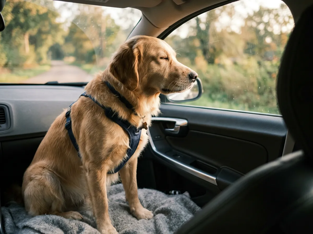 Chien serein assis dans une voiture à l'arrêt regardant calmement par la fenêtre
