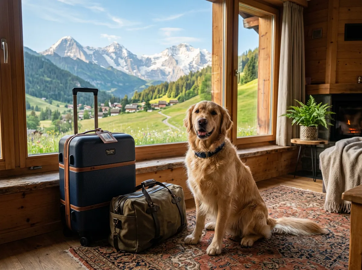 Hund sitzt neben einem Koffer vor dem Ferienstart, Schweizer Berge im Hintergrund