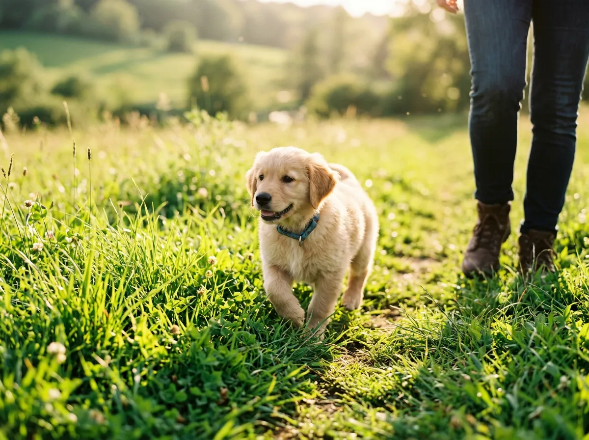 Chiot en balade dans l'herbe verte aux côtés de son maître par une journée ensoleillée