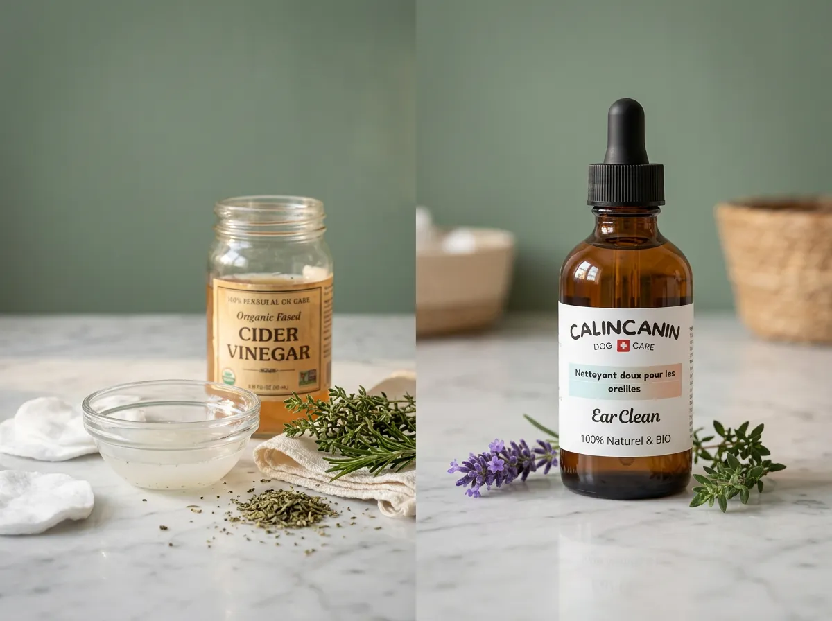 Comparaison entre une préparation maison et la lotion auriculaire formulée Calin-Canin sur marbre blanc