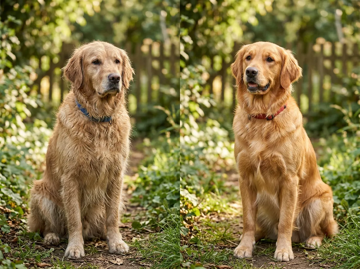 Comparaison entre un chien au poil terne et un chien au pelage brillant et sain