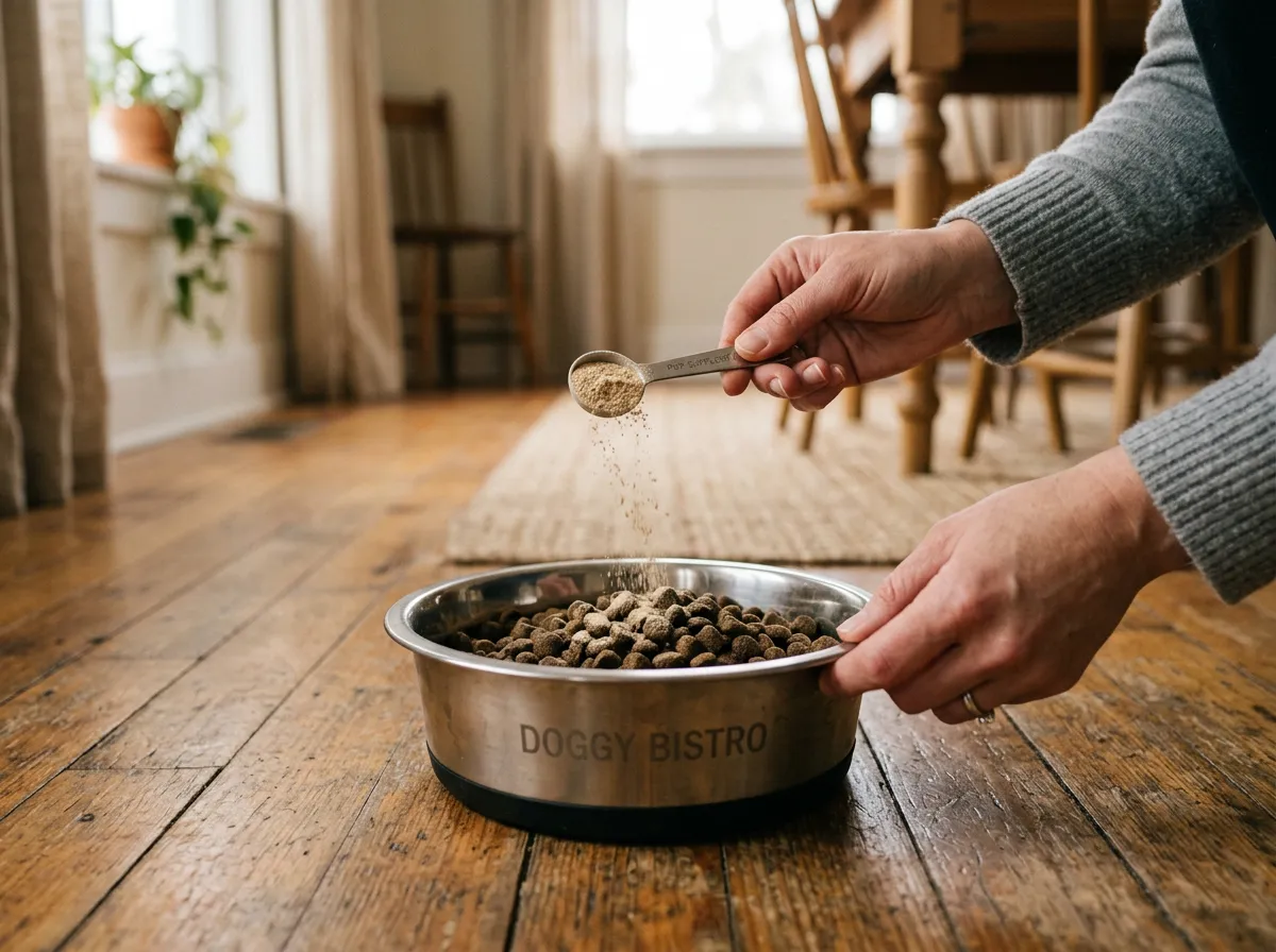 Main saupoudrant un complément alimentaire en poudre dans la gamelle de croquettes d'un chien