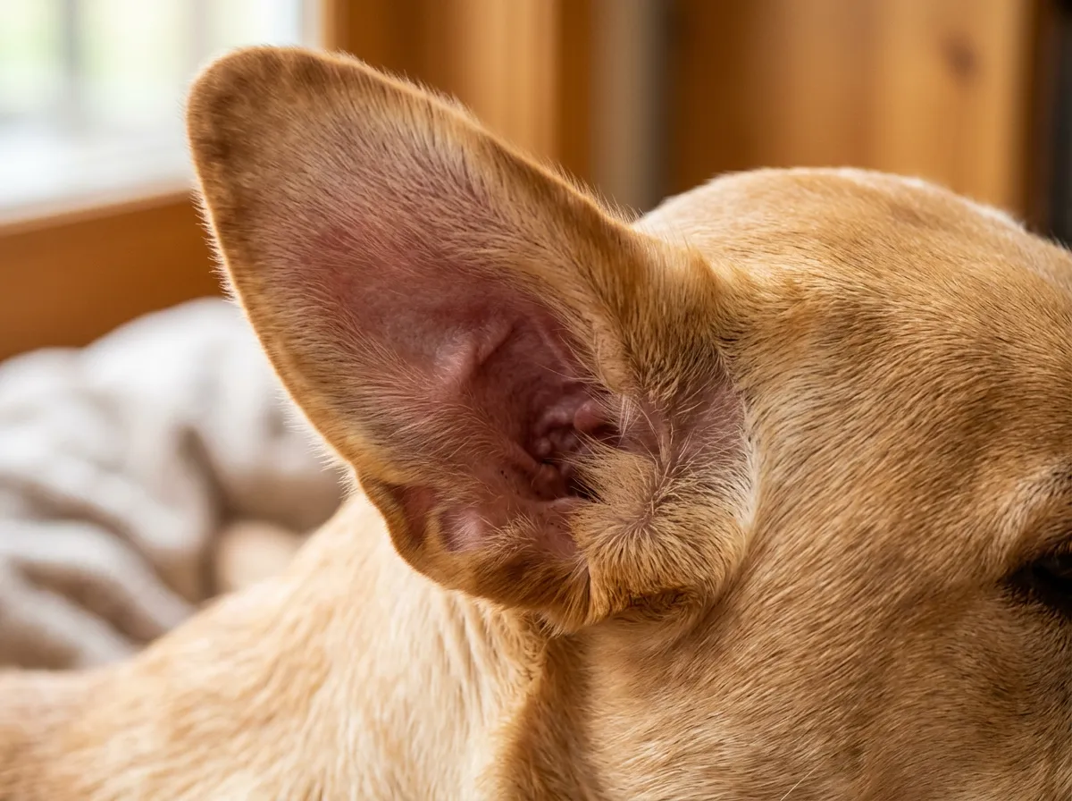 Schéma réaliste de l'oreille d'un chien montrant le conduit auditif en forme de L